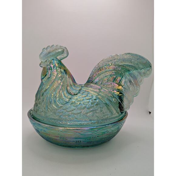 1997 Fenton 7" Misty/ Electric Blue Iridescent Rooster/Hen on Nest Covered Dish - Picture 2 of 8